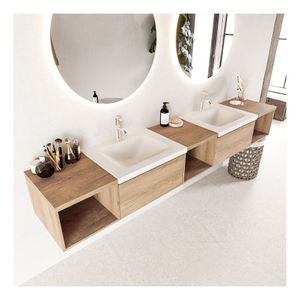 Mondiaz Bukla 240cm badmeubel met open module 40 L+M+R kleur washed oak 2 lades wastafel dubbel 2 kraangaten kleur talc
