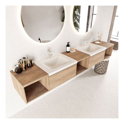 Mondiaz Bukla 240cm badmeubel met open module 40 L+M+R kleur washed oak 2 lades wastafel dubbel 2 kraangaten kleur talc