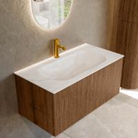 Badmeubel Mondiaz Kurve-Dlux | 90 cm | Meubelkleur Walnut | Wastafelkleur Ostra | Solid surface | Midden spoelbak | 1 kraangat