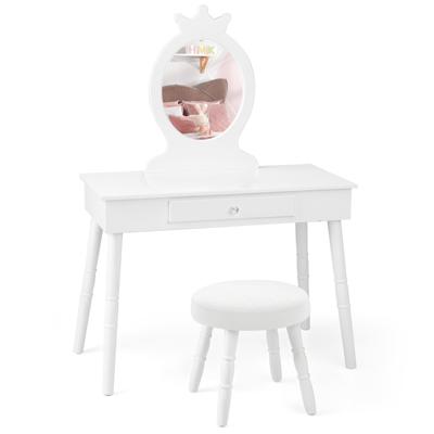 Kinderen Ijdelheid Make-Up Kaptafel Prinses Kaptafel & Stoel met Lade en Zachte Kruk voor Kleine Meisjes Wit