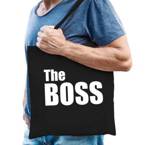 The boss tas / shopper zwart katoen met witte tekst voor heren   -