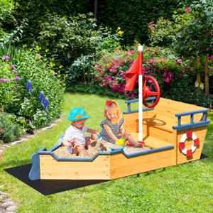 Kinder Piratenboot Houten Zandbak Piraat Zandbak met Opbergbank / Vlaggenstok / Woeler / Waterkussens 156 x 78 x101cm