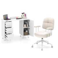 Nageltafel met Lades en Ergonomische Draaibare Bureaustoel Houten Werkplek en Gestoffeerde Computerstoel