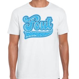 Verkleed T-shirt heren - FOUT - wit - blauw panter look letters - fout/goud/stout