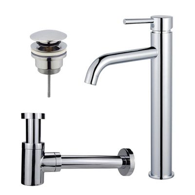 Fortifura Calvi Wastafelkraanset - verhoogde wastafelkraan - klikwaste plug - verlaagde design sifon - Chroom SW377811/SW696203/SW696219