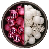 74x stuks kunststof kerstballen mix van fuchsia roze en wit 6 cm - thumbnail