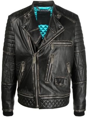 Philipp Plein veste de moto en cuir à plaque logo - Noir