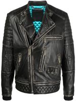 Philipp Plein veste de moto en cuir à plaque logo - Noir