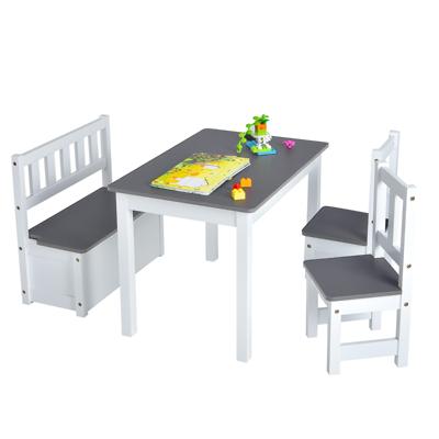 4-Delige Kindertafel & Stoel Set 2-In-1 Houten Peuter Activiteit Tafel Set met 2 Stoelen & 1 Opbergbankje Kindermeubilair Grijs
