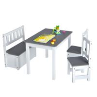 4-Delige Kindertafel & Stoel Set 2-In-1 Houten Peuter Activiteit Tafel Set met 2 Stoelen & 1 Opbergbankje Kindermeubilair Grijs