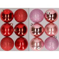 12x stuks kunststof kerstballen mix van rood en roze 8 cm - Kerstbal - thumbnail