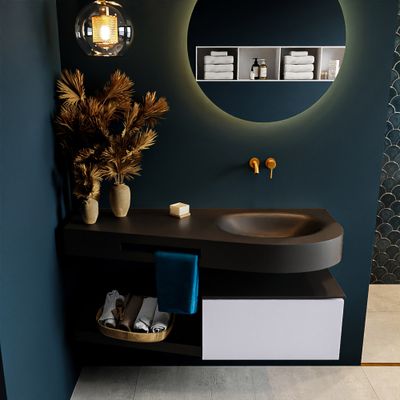 MONDIAZ RIVA 120cm badmeubel onderkast / planchet kleur Cale met 1 lade. Wastafel DULCET rechts 0 kraangaten kleur Urban.