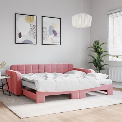 Slaapbank onderschuifbed en matrassen 90x200 cm fluweel roze