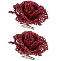 Kerstboomversiering Bloemen - 2x - 10 cm - rood glitter - op clip - ornament - roos