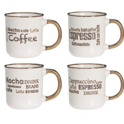 Excellent Houseware Koffiemokken set - 4x - bruin - 200 ml - mokken - met tekst - keramiek