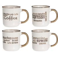 Excellent Houseware Koffiemokken set - 4x - bruin - 200 ml - mokken - met tekst - keramiek