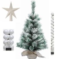 Kunst kerstboom met sneeuw 60 cm in jute zak inclusief witte versiering 31-delig - Kunstkerstboom - thumbnail