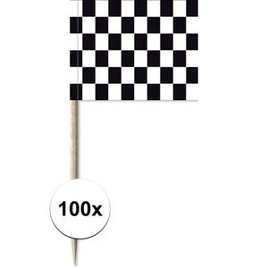 100x Vlaggetjes prikkers race/finish 8 cm hout/papier   -