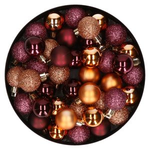 Kleine kunststof kerstversiering 40x stuks set en 3 cm kerstballen in het aubergine en koper