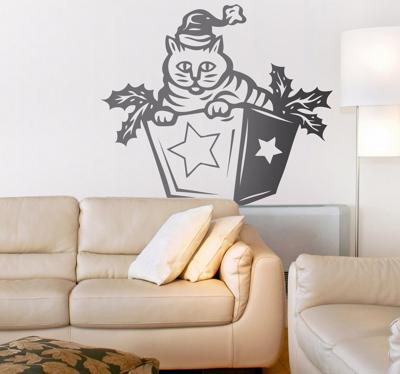 Muursticker kat kerstcadeau Muursticker kat kerstcadeau