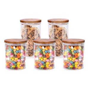 Voorraadpot/bewaarpot Foodking - 5-delige set - borosilicaat glas - 950/600 ml - glas/hout