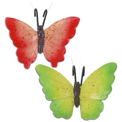 Tuindecoratie bloempothangers vlinder - set 2x - groen/rood - kunststeen - 13 x 10 cm