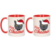 Set van 2x stuks kerstcadeau mokken/bekers rood Merry Christmas met grijze kat / poes 300 ml - Bekers - thumbnail