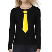 Verkleed shirt voor dames - stropdas geel - zwart - carnaval - foute party - longsleeve - thumbnail