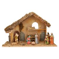 Complete kerststal met 9x st kerststal beelden - 50 x 23 x 31 cm - hout/polyresin - thumbnail
