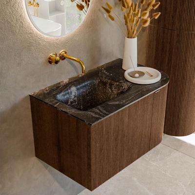 Badmeubel Mondiaz Kurve-Dlux | 75 cm | Meubelkleur Walnut | Wastafelkleur Lava | Solid surface | Links spoelbak | Zonder kraangat(en)