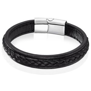 LGT Jewels Heren Armband Zwart Leer Gevlochten Edelstaal Sluiting-23cm