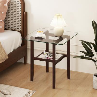 Vierkante Glazen Bijzettafel (61 cm) Salontafel met Twee Lagen Opbergplank en Rubberhouten Frame Moderne Bijzettafel Bruin