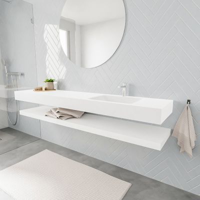 Mondiaz Alan badmeubel 200 cm solid suface planchet talc vrijhangend wastafel rechts 1 kraangat wit