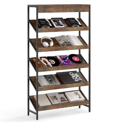 Boekenrek met 6 Verdiepingen 161 cm Vrijstaand Opslagrek met Schuine Display Staand Rek met Metalen Frame Bruin