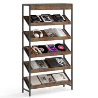 Boekenrek met 6 Verdiepingen 161 cm Vrijstaand Opslagrek met Schuine Display Staand Rek met Metalen Frame Bruin