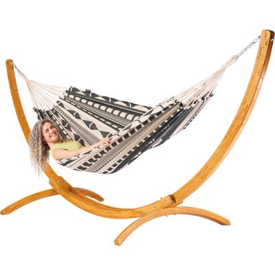 Tweepersoons hangmat met houten standaard - 350x160cm - Zwart - 160kg draagkracht- 100% katoen - binnen & buiten