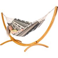 Tweepersoons hangmat met houten standaard - 350x160cm - Zwart - 160kg draagkracht- 100% katoen - binnen & buiten