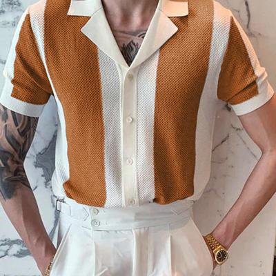 Men's Navy Blue Striped Knit Polo - Short Sleeve Crochet Top Beige / XXL