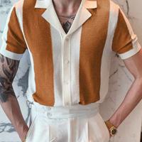 Men's Navy Blue Striped Knit Polo - Short Sleeve Crochet Top Beige / XXL