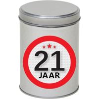 Cadeau Snoepblik - 21 jaar verjaardag - 9 x 13 cm - Cadeauverpakking- metaal - met leeftijd sticker