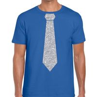 Blauw fun t-shirt met stropdas in glitter zilver heren