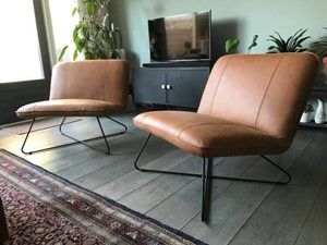 Set van 2 leren fauteuils zonder armleuning met kruisframe - bruin leer - Echt leer, Industrieel, ontdek de vele Leersoorten en Kleuren bij ShopX
