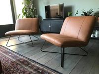 Set van 2 leren fauteuils zonder armleuning met kruisframe - bruin leer - Echt leer, Industrieel, ontdek de vele Leersoorten en Kleuren bij ShopX