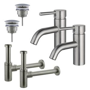 Fortifura Calvi Wastafelkraanset - voor dubbele wastafel - lage wastafelkraan - always open plug - design sifon - Geborsteld RVS PVD (RVS) 2x SW377856/2x SW696207/2x SW696212