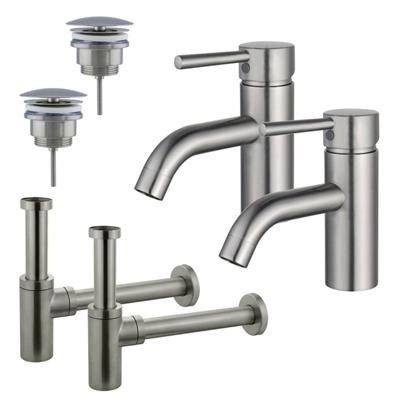 Fortifura Calvi Wastafelkraanset - voor dubbele wastafel - lage wastafelkraan - always open plug - design sifon - Geborsteld RVS PVD (RVS) 2x SW377856/2x SW696207/2x SW696212