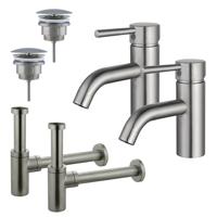 Fortifura Calvi Wastafelkraanset - voor dubbele wastafel - lage wastafelkraan - always open plug - design sifon - Geborsteld RVS PVD (RVS) 2x SW377856/2x SW696207/2x SW696212