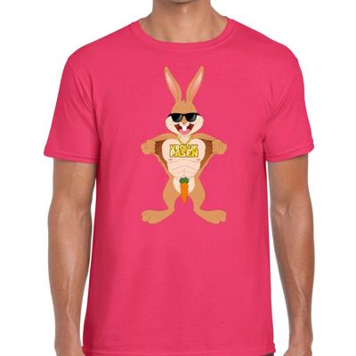 Paas thema t-shirt - Pasen - stoere paashaas - shirt voor heren - roze - homor thema kleding
