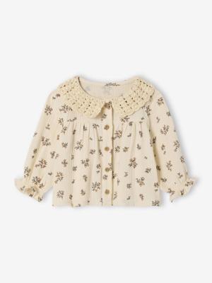 Bedrukte babyblouse met gehaakte kraag vanille