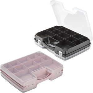 Forte Plastics - 4x Opberg vakjes doos/Sorteerbox - 21-vaks kunststof - 28 x 21 x 6 cm - zwart/roze