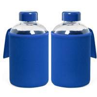 Glazen waterfles/drinkfles softshell bescherm hoes - 2x - blauw - 600 ml - Sportfles - Bidon